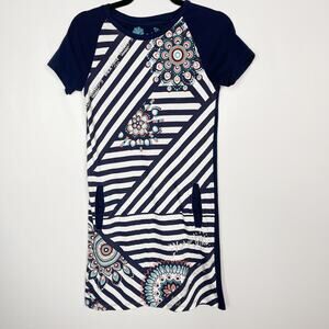 Desigual Girls 13/14 Blue White Striped You Go Girl Short Sleeve Tshirt Dress